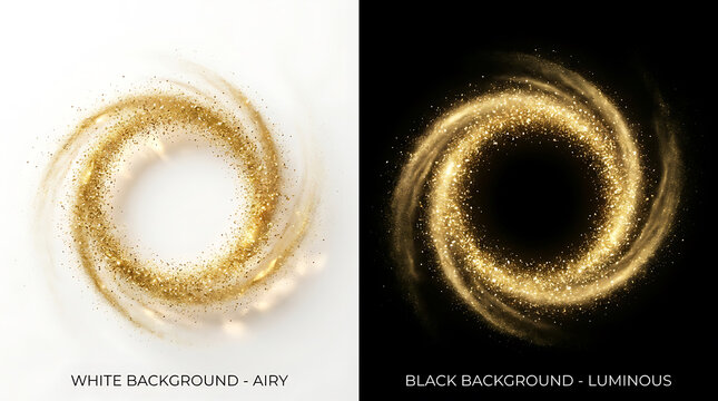 Golden particle vortex on white and black backgrounds
