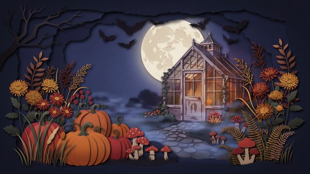 Halloween night scene with greenhouse pumpkins and full moon