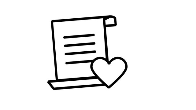 Document Heart and Wishlist Wish File Animated Icon. Clean animation icon of paper document folder combined with heart shape, representing legal contract love, text favorite, wishlist sheet.