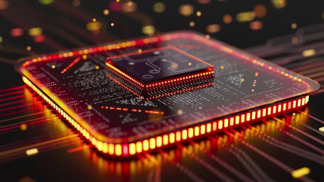 Digital processor on a futuristic circuit board with bright neon lights, showcasing innovation, automation, and data technology.