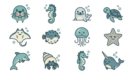Cute Ocean Animals Collection - Kawaii Sea Creatures Icons Set © Cimol