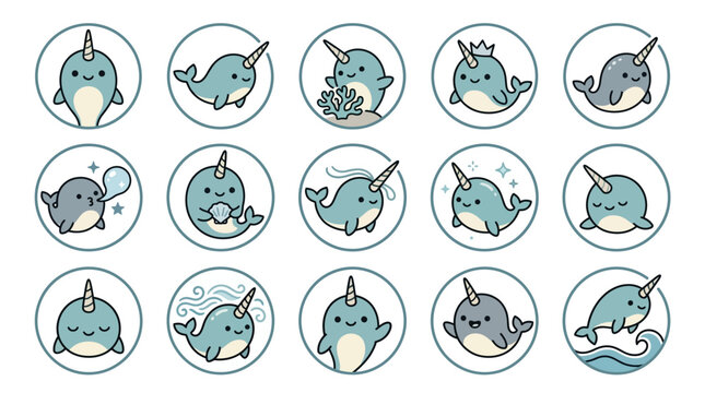 Cute Narwhal Collection, Kawaii Ocean Animals, Magical Unicorn Whale Icons