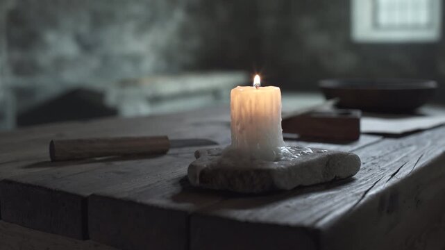 Tabletop still life of a quill pen, wooden inkwell, parchment and penknife near a burning candle on a stone stand inside a dark medieval dungeon, camera tracking shot