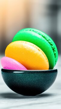 Colorful fresh macaroons served in a small dark bowl with soft lighting