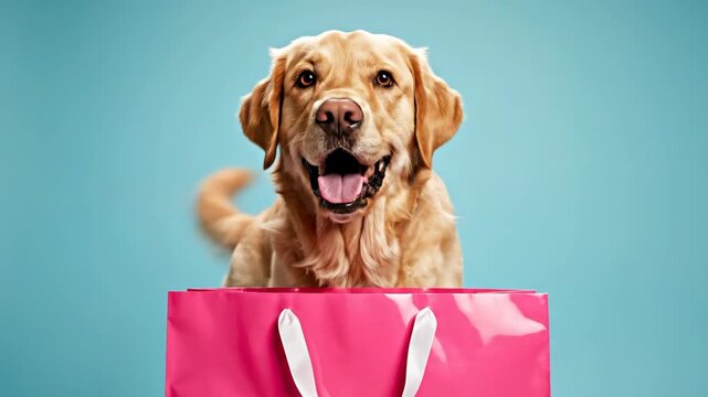 Golden Retriever dog peeking from pink shopping bag on blue