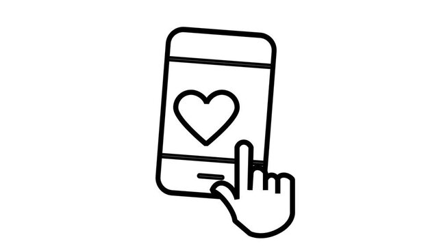 Mobile Dating App and Love Notification Animated Icon. Line animation icon featuring hand interacting with heart icon on smartphone display, representing digital romance, mobile dating