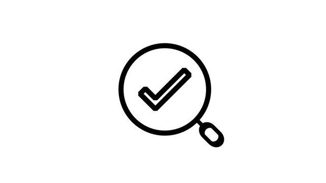 Search Verification and Checked Discovery Audit Animated Icon. Clean outline animation icon showing magnifying glass inspecting checkmark, representing verified search results.