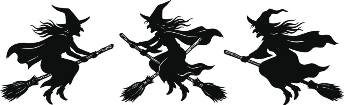 Three black silhouette witches flying on broomsticks for halloween