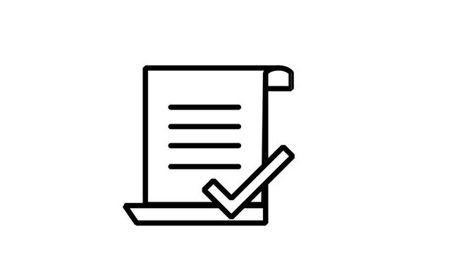 Document Approval and Signed Contract Checklist Animated Icon. Minimalist animated line icon showing paper document with large checkmark, symbolizing successfully signed contract, approved application
