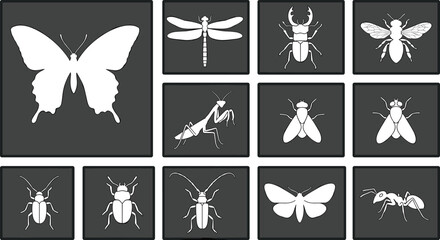 Fototapeta premium Insect Silhouette Icon Set with Butterfly Dragonfly Bee Mantis Beetle Ant and Moth Vector Stencil Shapes for Nature Wildlife and Biological Graphic Designs