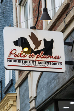 Quebec City, Qu&eacute;bec, Canada, June 27, 2026 -  Low angle view of the Poil et Plumes (pet food and accessories store) sign at its 770 St-Jean street location
