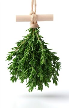 Hanging fresh green thyme bunch tied with twine on a white background
