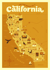 Obraz premium California illustrated travel map poster vector. Retro road trip infographic layout with national parks, cities, highways and ocean landmarks, vintage typography banner on orange background.
