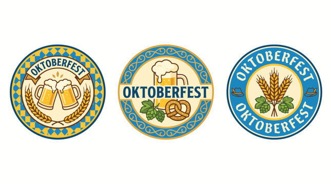 Flat lay of three Oktoberfest themed beer badges with pretzels and hops on a white background.