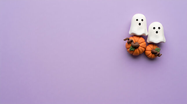 Halloween decorations, ghost and pumpkin, spooky seasonal theme, purple background isolated on White Background helloween
