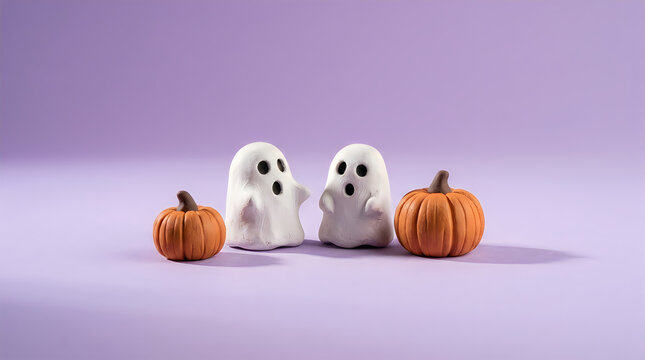 Halloween ghosts, white spooky figures, orange pumpkins, purple background isolated on White Background helloween
