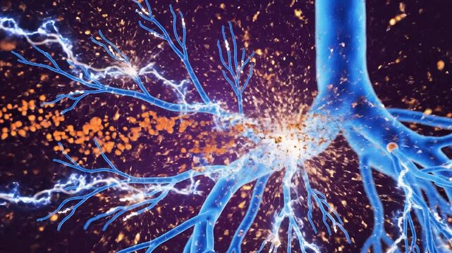 Close Up Visualization of Hyperacusis Sensitivity in Auditory Nerve with Vibrant Blue Electrical Activity Against Purple Background