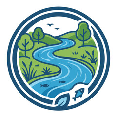 Obraz premium Stylized blue river logo in circular frame.