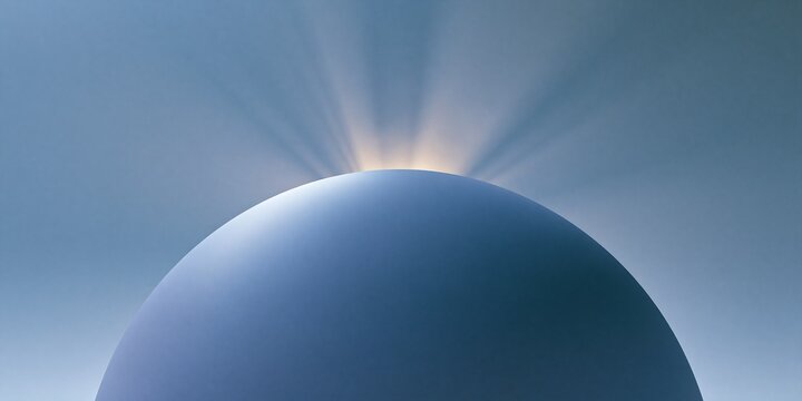 Smooth gradient blue half sphere with glowing sun light rays bursting from behind against plain soft blue background represents hope and new beginning concept for design