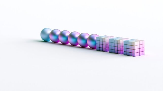 Neatly aligned glossy iridescent blue purple gradient spheres and pixelated cube blocks on plain white background creating modern minimalist 3d abstract geometric composition