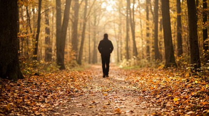 Fototapeta premium forest autumn path solitude healing mental health reflection walk calm presented with warm clarity with behind person walk alone through forest detail shows a person walking alone on an autumn path