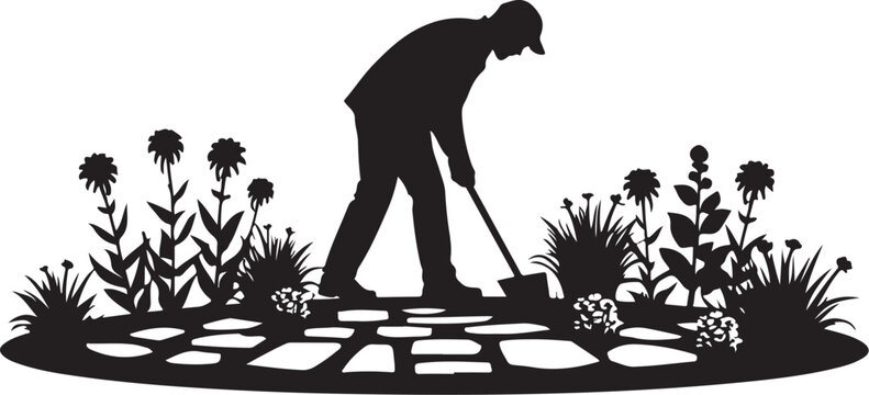 Silhouette of a man gardening, surrounded by flowers