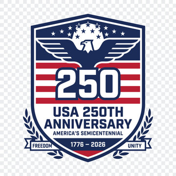 USA 250th anniversary commemorative shield emblem with eagle vector design