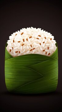 Steamed Sticky Rice Wrapped in a Fresh Green Banana Leaf Isolated on Black