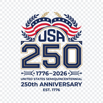 USA 250th anniversary commemorative logo design with ribbon and laurel vector