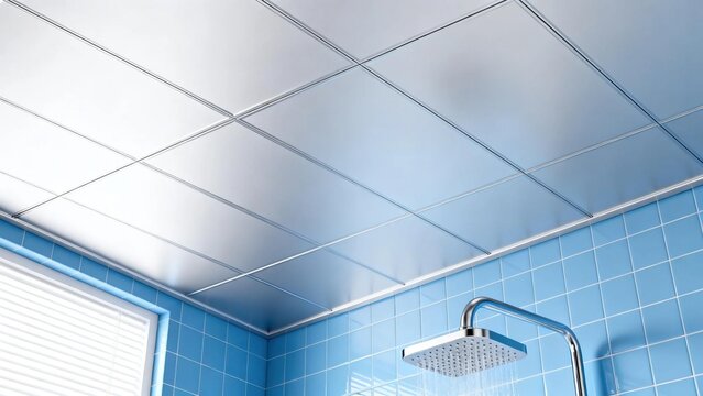 Contemporary bathroom corner with running square chrome shower head light blue square wall tiles silver paneled drop ceiling and window with white horizontal blinds