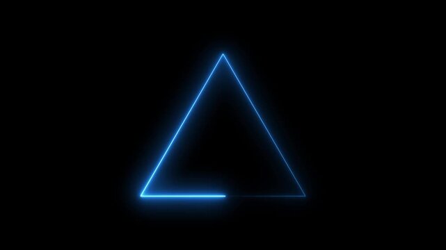 Glowing blue neon triangle light frame circulating motion on isolated black screen.