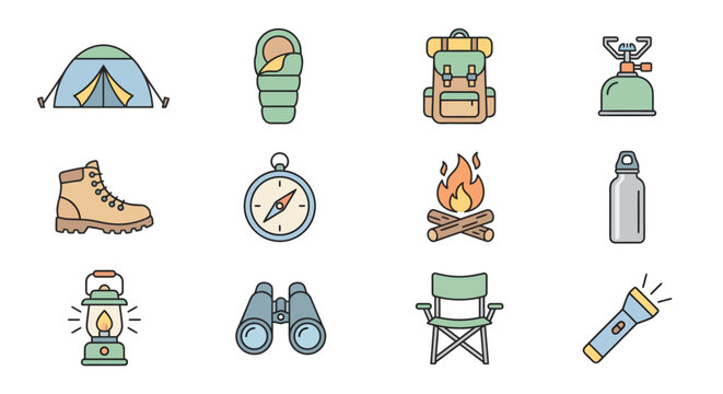 Camping gear laid out for a night outdoors in nature's serenity with tent and chair