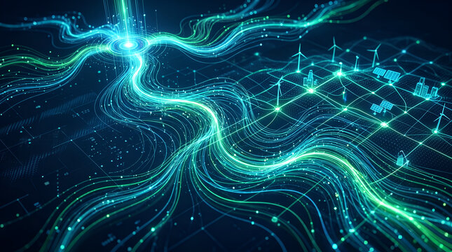 Futuristic Smart Green Energy Grid Network Concept with Glowing Wind Turbines and Solar Panels background