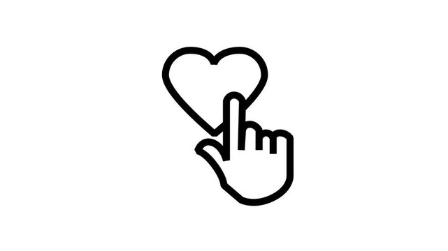 Touchscreen Heart Feedback and Like Interaction Animated Icon. Modern animated icon featuring hand touching heart symbol, representing social media feedback, customer loyalty, love rating.