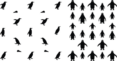 Black penguin silhouette vector seamless pattern element set featuring cute walking birds and standing antarctic animal silhouettes isolated on white background. © Parvin