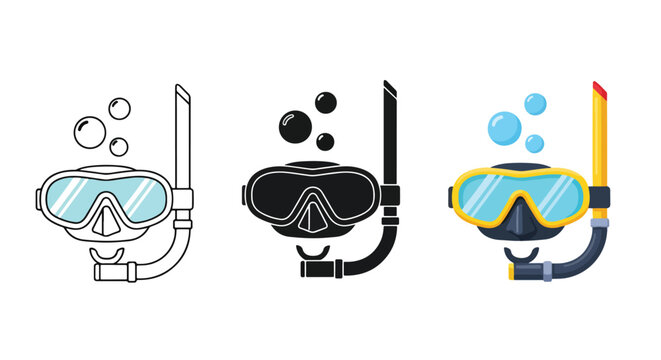 Scuba diving mask and snorkel icon set: Clipart, sticker - icon set - Line and glyph solid icon and logo template 