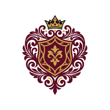 Ornate royal crest with crown and fleur-de-lis symbol.