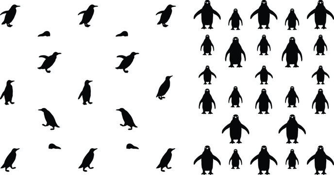 Black penguin silhouette vector seamless pattern element set featuring cute walking birds and standing antarctic animal silhouettes isolated on white background.