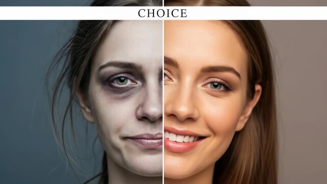 A person's face illustrating the stark difference between substance abuse, drug use, alcohol consumption, and a glowing, healthy, vibrant existence, highlighting transformative choices