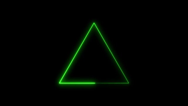 Green neon triangle frame glowing on black background with light motion effects.