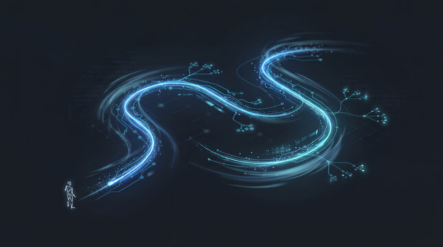 Abstract Digital Road Map and Data Flow Path in Cybersecurity and AI Automation Technology background