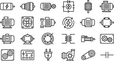 Electric motor icon set with industrial engine generator pump transformer gear and electronic component vector line art illustrations