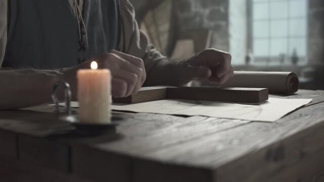 Close up of craftsman hands checking an ornithopter blueprint with a wooden measuring square tool on a rustic desk next to a lit candle inside a master studio