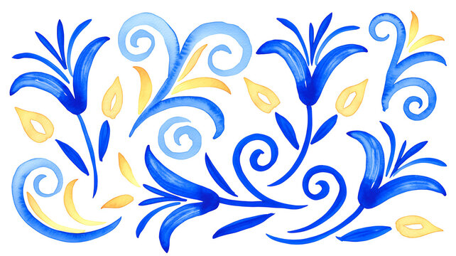 Blue and yellow watercolor floral pattern with swirls and leaves desig