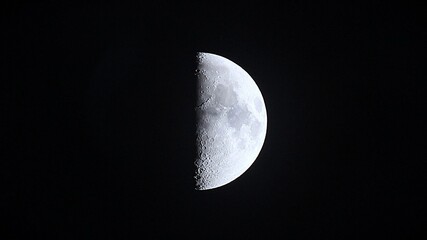 Half Moon with Detailed Lunar Craters Against Black Night Sky © Bhakti