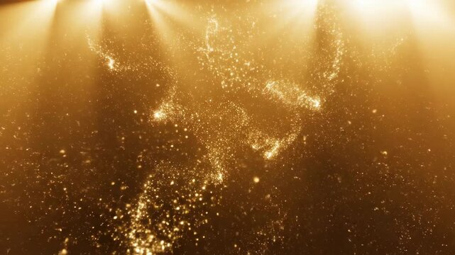 Golden spotlights illuminate shimmering particles on dark abstract background