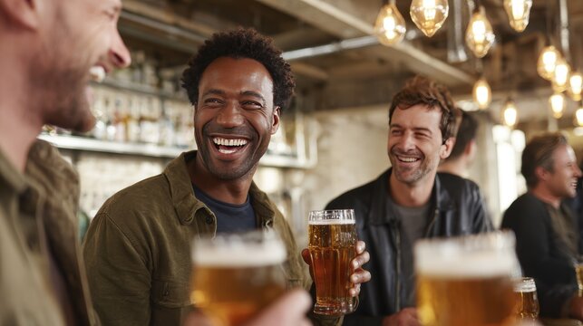 Friends enjoying beer and laughter in a trendy urban bar setting
