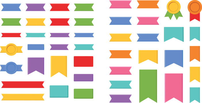 Colorful ribbon banner and award medal vector set featuring blank geometric labels tags flags bookmarks and flat graphic decoration elements for sales promotions