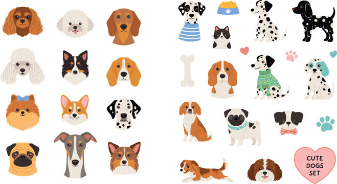 Cute dog breed cartoon illustration set featuring puppy faces dalmatian pug corgi beagle poodle avatars and pet care accessories clip art design elements