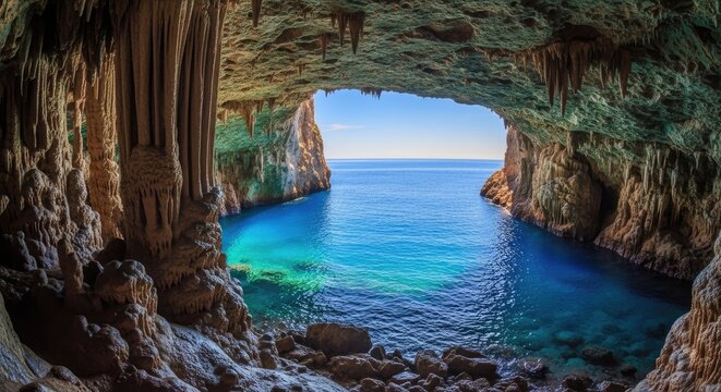 View from inside limestone sea cave to ocean.